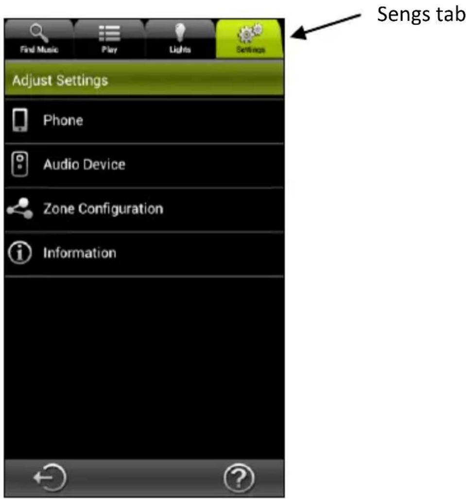 Find Music Play Lights Settings Sengs tab Adjust Settings Phone Audio Device Zone Configuration Information