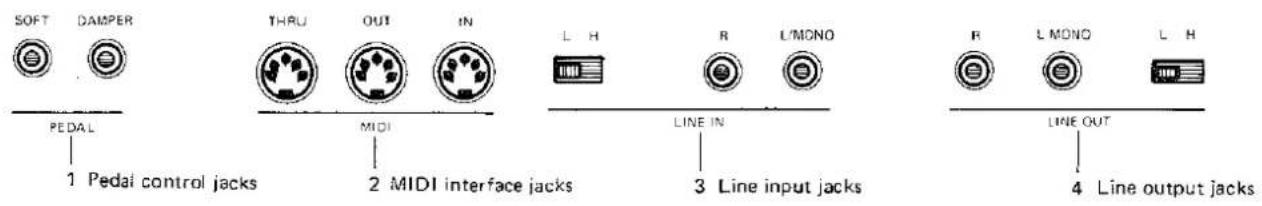 SOFT DAMPER THRU OUT IN L H R L/MONO PEDAL MIDI LINE IN 1 Pedal control jacks 2 MIDI interface jacks 3 Line input jacks R L MONO L H LINE OUT 4 Line output jacks
