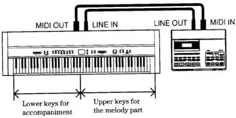 MIDI OUT LINE IN LINE OUT MIDI IN Lower keys for accompaniment Upper keys for the melody part