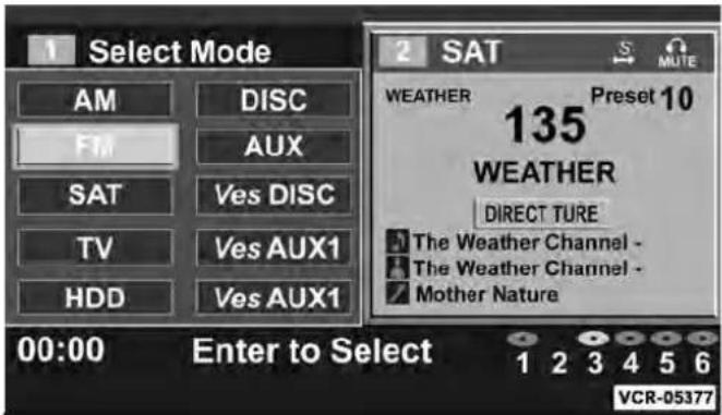 1 Select Mode AM DISC FM AUX SAT Ves DISC TV Ves AUX1 HDD Ves AUX1 2 SAT S MUTE WEATHER Preset 10 135 WEATHER DIRECT TURE The Weather Channel - The Weather Channel - Mother Nature 00:00 Enter to Select 1 2 3 4 5 6 VCR-05377