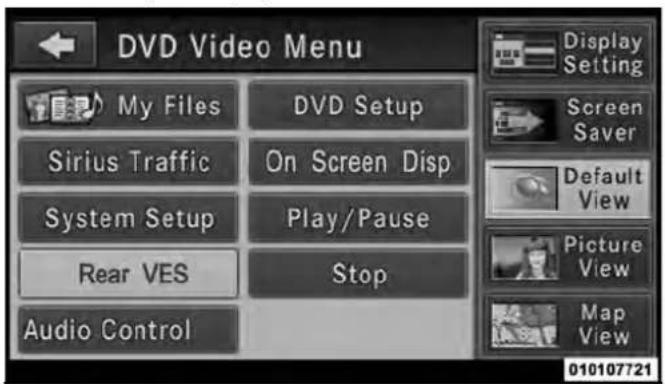 DVD Video Menu My Files DVD Setup Sirius Traffic On Screen Disp System Setup Play/Pause Rear VES Stop Audio Control Display Setting Screen Saver Default View Picture View Map View 010107721