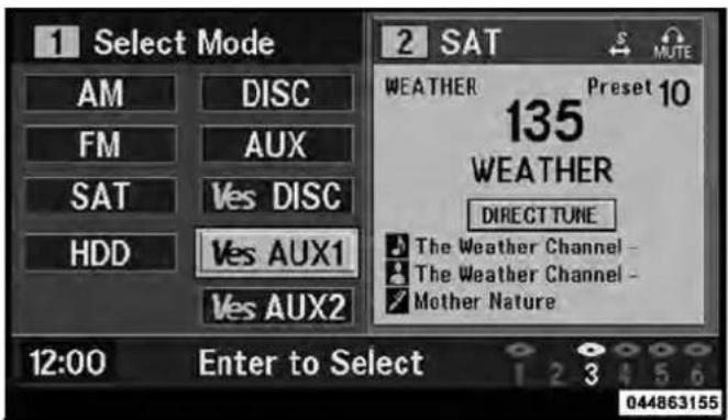 1 Select Mode AM DISC FM AUX SAT Yes DISC HDD Yes AUX1 Yes AUX2 2 SAT MUTE WEATHER Preset 10 135 WEATHER DIRECT TUNE The Weather Channel - The Weather Channel - Mother Nature 12:00 Enter to Select 1 2 3 4 5 6 044863155