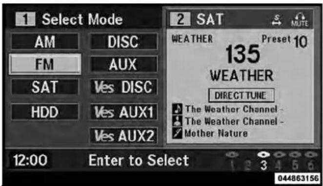 1 Select Mode AM DISC FM AUX SAT Ves DISC HDD Ves AUX1 Ves AUX2 12:00 Enter to Select 2 SAT WEATHER Preset 10 135 WEATHER DIRECT TUNE The Weather Channel - The Weather Channel - Mother Nature 044863156