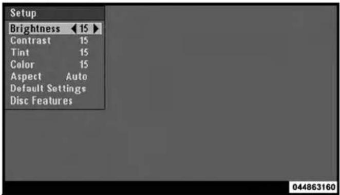 Setup Brightness 15 Contrast 15 Tint 15 Color 15 Aspect Auto Default Settings Disc Features 044863160