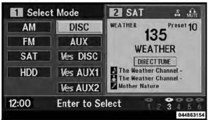 1 Select Mode AM DISC FM AUX SAT Ves DISC HDD Ves AUX1 Ves AUX2 12:00 Enter to Select 2 SAT MUTE WEATHER Preset 10 135 WEATHER DIRECT TUNE The Weather Channel - The Weather Channel - Mother Nature 044863154
