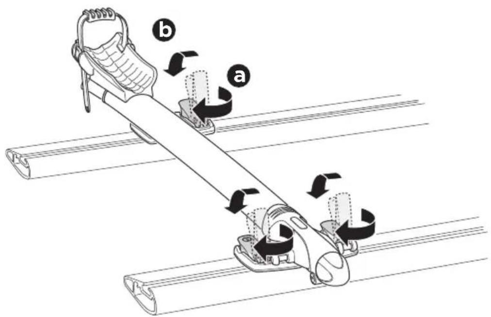 Diagram illustrating a cable buckle assembly with labeled parts (a and b) showing motion directions.