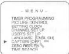 - M E N U - TIMER PROGRAMMING PICTURE CONTROL SETTING CLOCK CHANNEL SET UP USER'S SET UP LANGUAGE [ENGLISH] CAPTINY [OFF] == ZERO RETURN TIME SEARCH
