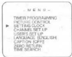 M E N S - TIMER PROGRAMMING PICTURE CONTROL SETTING CLOCK CHANNEL SET UP USER'S SET UP LANGUAGE (ENGLISH) CAPTION [OFF] ZERO RETURN TIME SEARCH