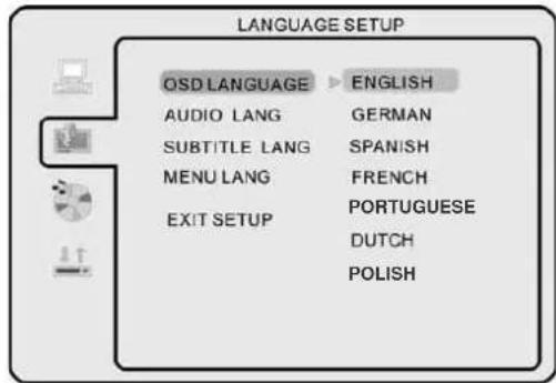 LANGUAGE SETUP OSD LANGUAGE ▶ ENGLISH AUDIO LANG GERMAN SUBTITLE LANG SPANISH MENU LANG FRENCH EXIT SETUP PORTUGUESE DUTCH POLISH