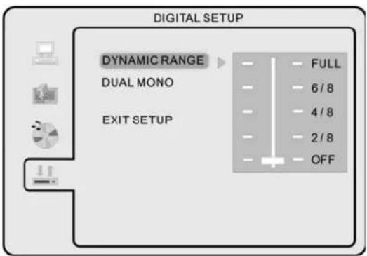 DIGITAL SETUP DYNAMIC RANGE FULL DUAL MONO 6/8 4/8 2/8 EXIT SETUP OFF