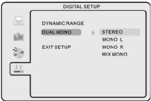 DIGITAL SETUP DYNAMIC RANGE DUAL MONO STEREO MONO L EXIT SETUP MONO R MIX MONO