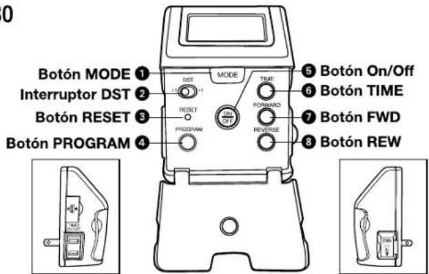 Botón MODE ① Interruptor DST ② Botón RESET ③ Botón PROGRAM ④ MODE TIME ⑤ RESET FORWARD ⑥ PROGRAM REVERSE ⑦ Botón On/Off Botón TIME Botón FWD Botón REW