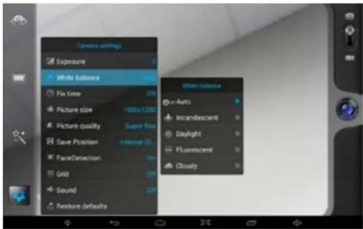 Camera settings Exposure White balance Fix time 24h Picture size 1600x1280 Picture quality Super free Save Position Intangie BL FaceDetection 3m Grid 24h Sound 24h Restore defaults White balance Our Auto Incandescent Daylight Fluorescent Cloudy