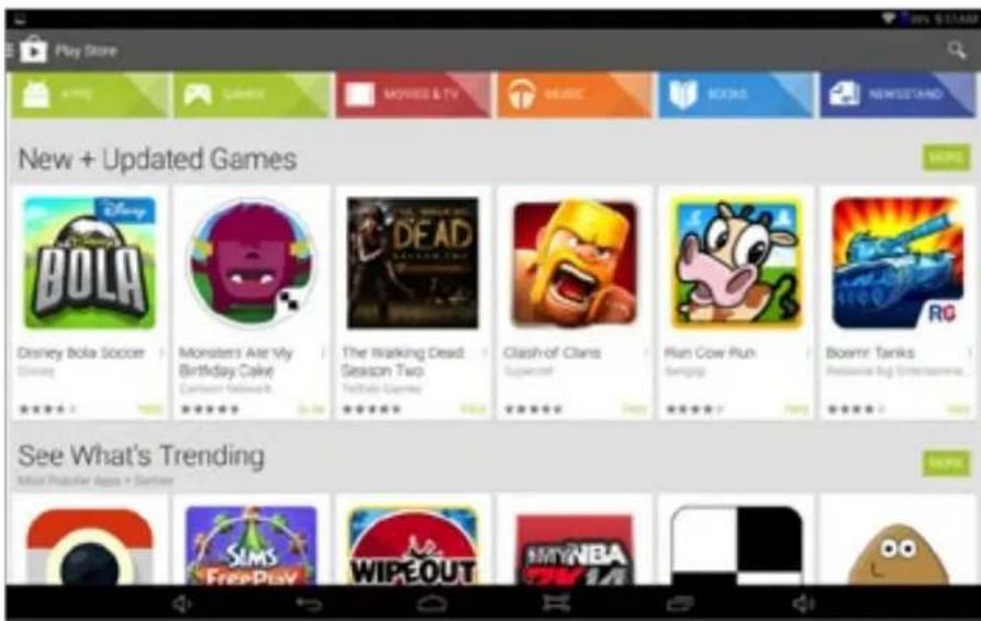 Play Store GAMES MOVIES & TV MUSIC BOOKS NEWSYSTEM New + Updated Games Disney Bola Soccer Disney Mothers Are My Birthday Cake Cartoon Networks The Marking Dead Session Two Tobbi Games Clash of Clans Superconf Plan Cow Run Sengag Boehr Tanks Preliminary Big Entertainment... See What's Trending Most Popular Apps in Games