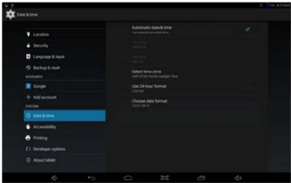 Date & time Location Security Language & input Backup & reset ACCOUNTS Google Add account SYSTEM Date & Time Accessibility Printing { } Developer options About tablet Automatic date & time Use timestamp geograder time Use time zone Language Use time zone 3.8% min Select time zone DAFT-07-08, Pacific Daylight Time Use 24-hour format 1:00 pm Choose date format 12/01/2014