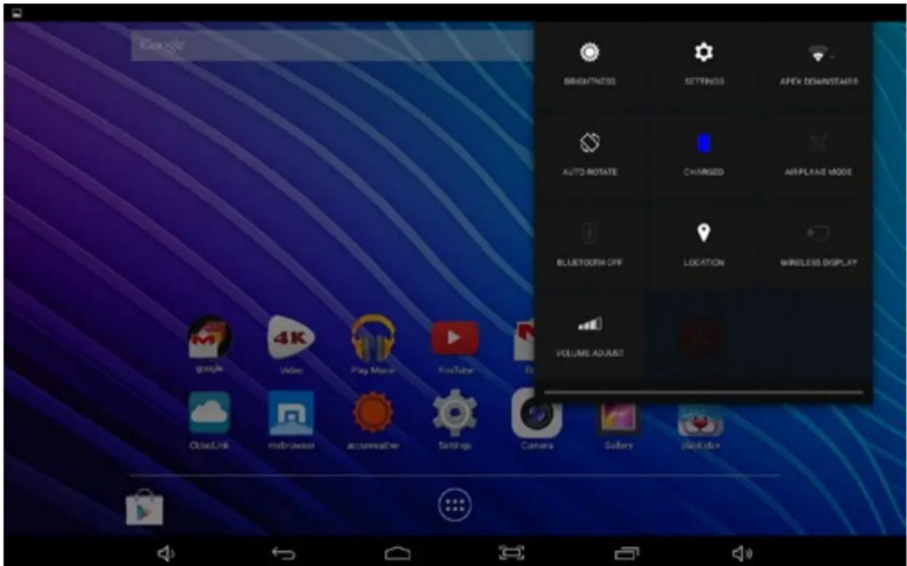 Brightness SETTINGS APCY DOWNSTARS AUTO-ROTATE CHANGED AIRPLANE MODE BLUETOOTH OFF LOCATION WIRELESS DISPLAY VOLUME ADJUST Google Video Play Music YouTube CloudLink macrowave accomather Settings Camera Gallery playdoor