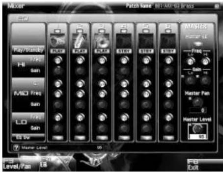 Mixer Patch zone: MB/AM-93 Bras File Play/Standby Hi Pan San C MO Freq San LO Pan ES 5V Master Level 50 MASTER Marker 50 Freq 5.0 Gain 14% Master Pan Master Level 65 F8 Dot