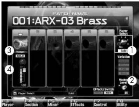 PATO NAME 001:ARX-03 Brass Player Select 1 2 3 4 5 6 SOLD Variance Master Level Effects Switch 95 Player Select Solid F3 F4 F5 Micron F6 EFFECTS F7 Control F8 Utility