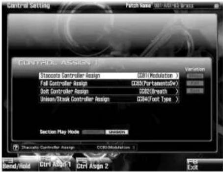Control Setting Patch Name: DFT-AS2-92 Brass CONTROL ASSIGN Stacoto Controller Assign C811 (Modulation) Fall Controller Assign C855(Partements/Sv) Dut Controller Assign C826(Breath) Union/Stack Controller Assign C824(Foot Type) Section Play Mode Stacoto Controller Assign C830 (Modulation) Bend/Hold Ctrl Assign 1 Ctrl Assign 2