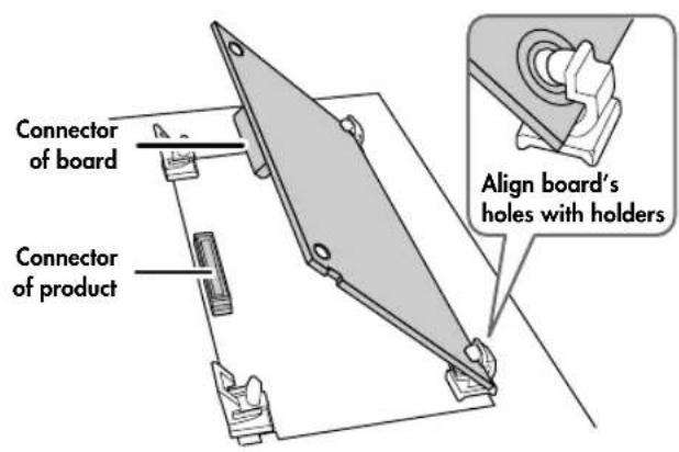 Connector of board Connector of product Align board's holes with holders