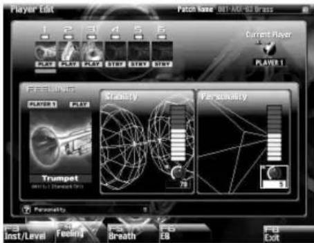 Player Edit Patch Genre: MBT-MSI-32 Brass Current Player PLAYER1 FEEVING STRALITY PERSKIDITY TRUMPET 5 Personality FS Inst/Level Feeling FS Breath FB Dot