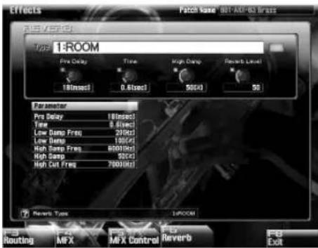 Effects Patch Gate 801-AXI-93 Brass AIS/VEPG Type 1:ROOM Pre Delay Time High Damp Rerverb Level 100msec 0.6msec 500k 50 Parameter Pre Delay 100msec Time 8.6msec Low Samp Freq 200kz Low Damp 100kz High Samp Freq 8000kz High Damp 500kz High Cut Freq 7000kz Reverb Type 1:ROOM Routing MFX Mix Control Rerverb Dot