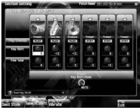 Section Setting Patch Mode: 801-AM-92 Brass Tune/Shift/Shift Play/Scroll/ Key Shift Fine Tone Zoomat PLAY Zoomat Box PLAY Zoomator PLAY Zoomat STAY Zoomat STAY Zoomat STAY Clean Key Shift Mode AUTO Start May Shift 0 Set Style Tune/Shift Vibrate F6 Dot