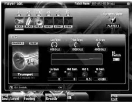 Player Edit Patch Name: 01-AM-BA Braps Current Player: PLAYER 1 Edit PLAYERS PLAY Lo Eyes 4000Hz Mid Gear 10000Hz Hi Gear 40000Hz EQ Switch Trumpet 0 Hi Gain Mid Gain Mid Q Hi Gain 0 9 8.5 +250Hz EQ Switch On FBS Inst/Level Feeling FBS Breath FBS EB FBS Colt