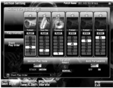 Section Setting Patch Size: 011-AM-93 Brass SECTION STYLE Play/Start/02 Track Play Order 6 4 2 1 Trampet PLAY Trampet PLAY Trampet STEW Trampet STEW Trampet STEW 6 4 2 1 4 3 2 1 Section Play Order STACK UNISON Vibration Select Auto Portionario NORMAL OFF ON 7 Stack Play Order 5 Seat Style Tune X Shift Vibrate FG Colt