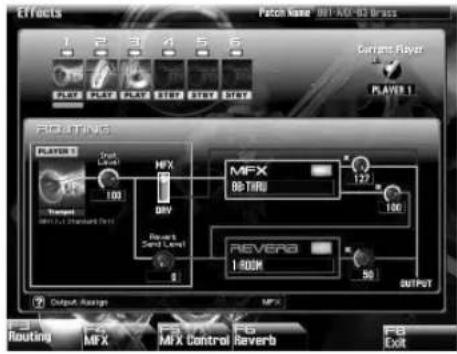 Effects Patch Name: MB1-MX-92 Brass Current Player PLAYER 1 PIRATING MFX 100 MHz DRV Revers Band Level 1 REVERB 1-HOEM 50 OUTPUT Output Assign Routing MFX MHz Control F8 Reverb F8 Cot