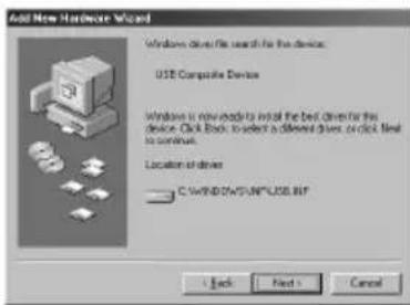 Add New Hardware Wizard Windows drive file search for the device. USB Compatible Device Windows is now ready to install the best driver for this device. Click Back to select a different driver, or click Next to continue. Location of driver C:\WINDOWS\UPM\USB.RIP + Back Next > Cancel