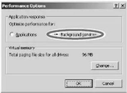 Performance Options Application response Optimize performance for: Applications Background sendracs Virtual memory Total paging file size for all drives: 96 MB Change... OK Cancel