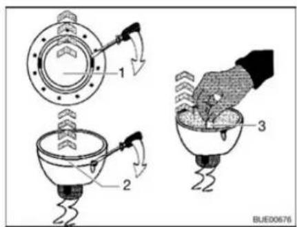Technical diagram showing three-step assembly of a mechanical component with labeled parts and directional arrows indicating motion.
