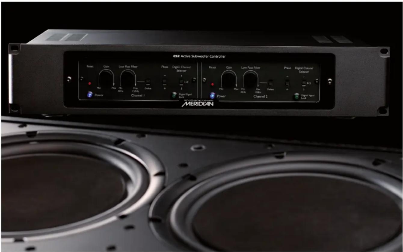 CS2 Active Subwoofer Controller Reset Gain Low Pass Filter Phase Digital Channel Selector Reset Gain Low Pass Filter Phase Digital Channel Selector Min Max Max 40Hz Max 150Hz Default 1+2 1+2 Power Channel 1 Digital Signal Lock Power Channel 2 Digital Signal Lock MORROWED STAW MERIDIAN