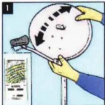Illustration showing a hand holding a satellite dish with directional arrows and a small inset image of a field with text.
