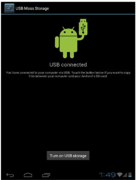 USB Mass Storage USB connected You have connected to your computer via USB. Touch the button below if you want to copy files between your computer and your Android's SD card. Turn on USB storage