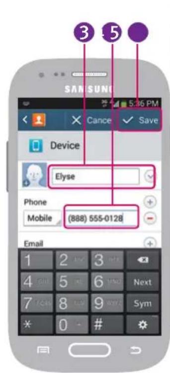 SANSUNI 5:36 PM Cancel ✓ Save Device Elyse Phone Mobile (888) 555-0128 Email 1 2 3 4 5 6 Next 7 8 9 Sym * 0 - #
