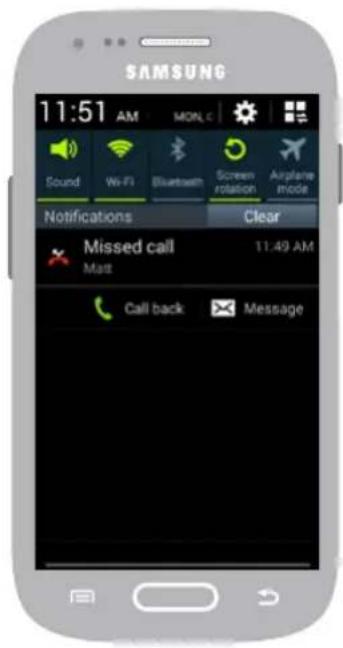 SAMSUNG 11:51 AM MON C Sound Wi-Fi Bluetooth Screen rotation Airplane mode Notifications Clear Missed call 11:49 AM Matt Call back Message