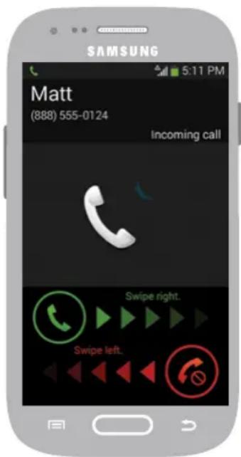 SAMSUNG Matt (888) 555-0124 Incoming call Swipe right. Swipe left.
