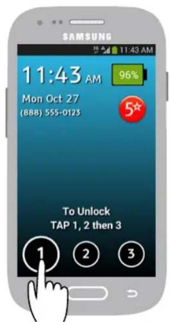 SAMSUNG 11:43 AM 96% Mon Oct 27 (888) 555-0123 To Unlock TAP 1, 2 then 3