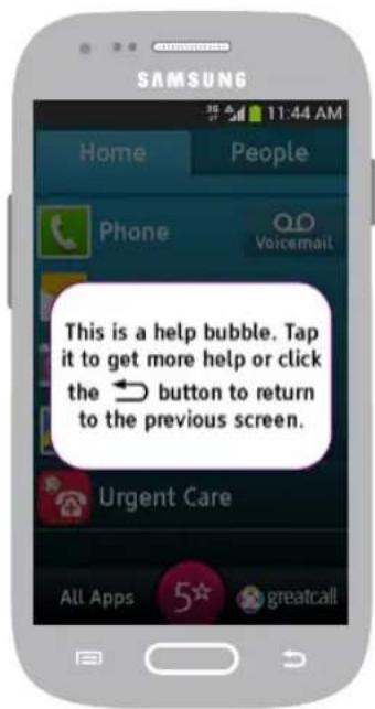SAMSUNG Home People Phone Voicemail This is a help bubble. Tap it to get more help or click the ← button to return to the previous screen. Urgent Care All Apps 5* greatcall