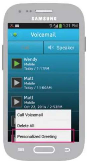 SAMSUNG Voicemail Speaker Wendy Mobile Today / 1:17PM Matt Mobile Today / 11:00AM Matt Mobile Oct 22, 2014 / 2:52PM Call Voicemail Delete All Personalized Greeting