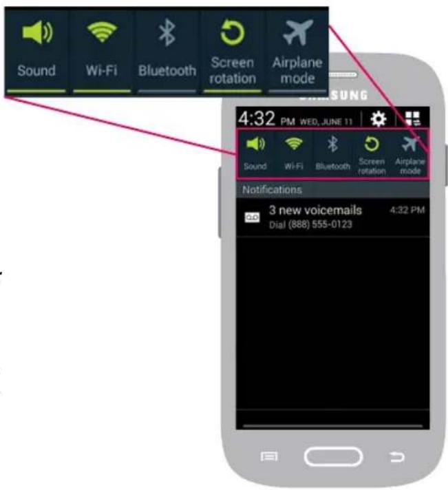 Sound Wi-Fi Bluetooth Screen rotation Airplane mode 4:32 PM WED, JUNE 11 Sound Wi-Fi Bluetooth Screen rotation Airplane mode Notifications 3 new voicemails 4:32 PM Dial (888) 555-0123