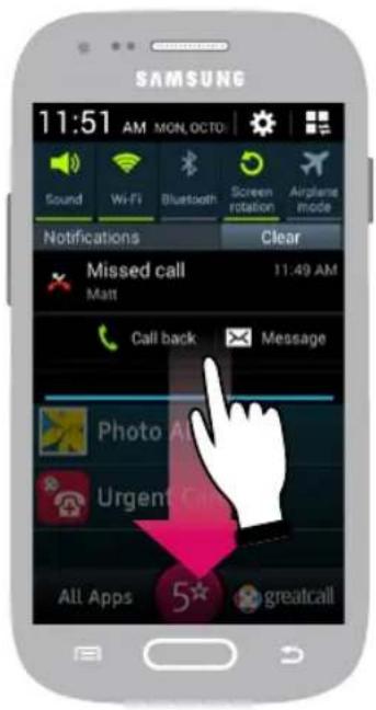 SAMSUNG 11:51 AM MON OCTO Sound Wi-Fi Bluetooth Screen rotation Airplane mode Notifications Clear Missed call 11.49 AM Matt Call back Message Photo AI Urgent Call All Apps 5* greatcall