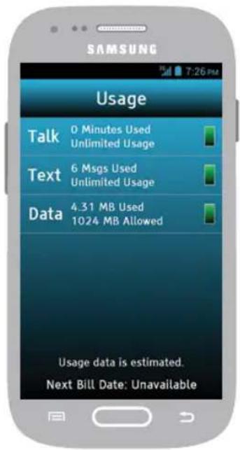 SAMSUNG Usage Talk 0 Minutes Used Unlimited Usage Text 6 Msgs Used Unlimited Usage Data 4.31 MB Used 1024 MB Allowed Usage data is estimated. Next Bill Date: Unavailable