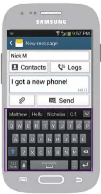 SAMSUNG New message Nick M Contacts Logs I got a new phone! 141/1 Send Matthew Hello Nicholas C.f. Q W E R T Y U I O P A S D F G H J K L Z X C V B N M Sym English/PTG