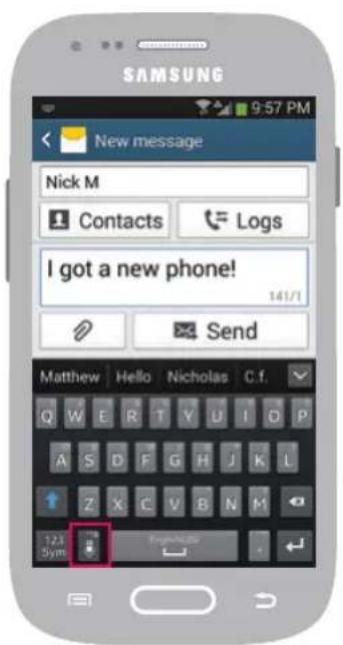 SAMSUNG New message Nick M Contacts Logs I got a new phone! 141/1 Send Matthew Hello Nicholas C.f. Q W E R T Y U I O P A S D F G H J K L Z X C V B N M 123 Sym
