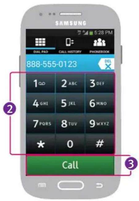 SAMSUNG 5:28 PM DIAL PAD CALL HISTORY PHONEBOOK 888-555-0123 1 2 ABC 3 DEF 4 GHI 5 JKL 6 MNO 7 PQRS 8 TUV 9 WXYZ * 0 # Call ② ③