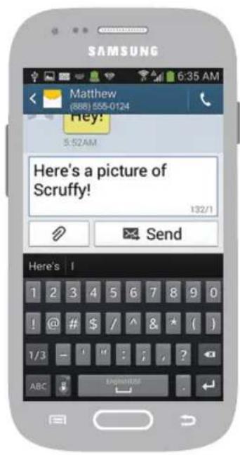 SAMSUNG Matthew (888) 555-0124 Hey: 5:52AM Here's a picture of Scruffy! 132/1 Send Here's | 1 2 3 4 5 6 7 8 9 0 ! @ # $ / ^ & * ( ) 1/3 - " : , ? ABC ENGLISH