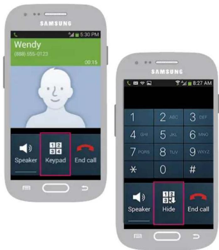 SAMSUNG Wendy (888) 555-0123 00:15 Speaker 1 2 3 4 Keypad End call SAMSUNG 1 ABC 3 DEF 4 GHI 5 JKL 6 MNO 7 PQRS 8 TUV 9 WXYZ * 0 # Speaker Hide End call